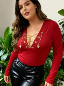 INAWLY Plus Size Fashionable Sexy Chain Criss-Cross Strap T-Shirt Fall - Red - View 1