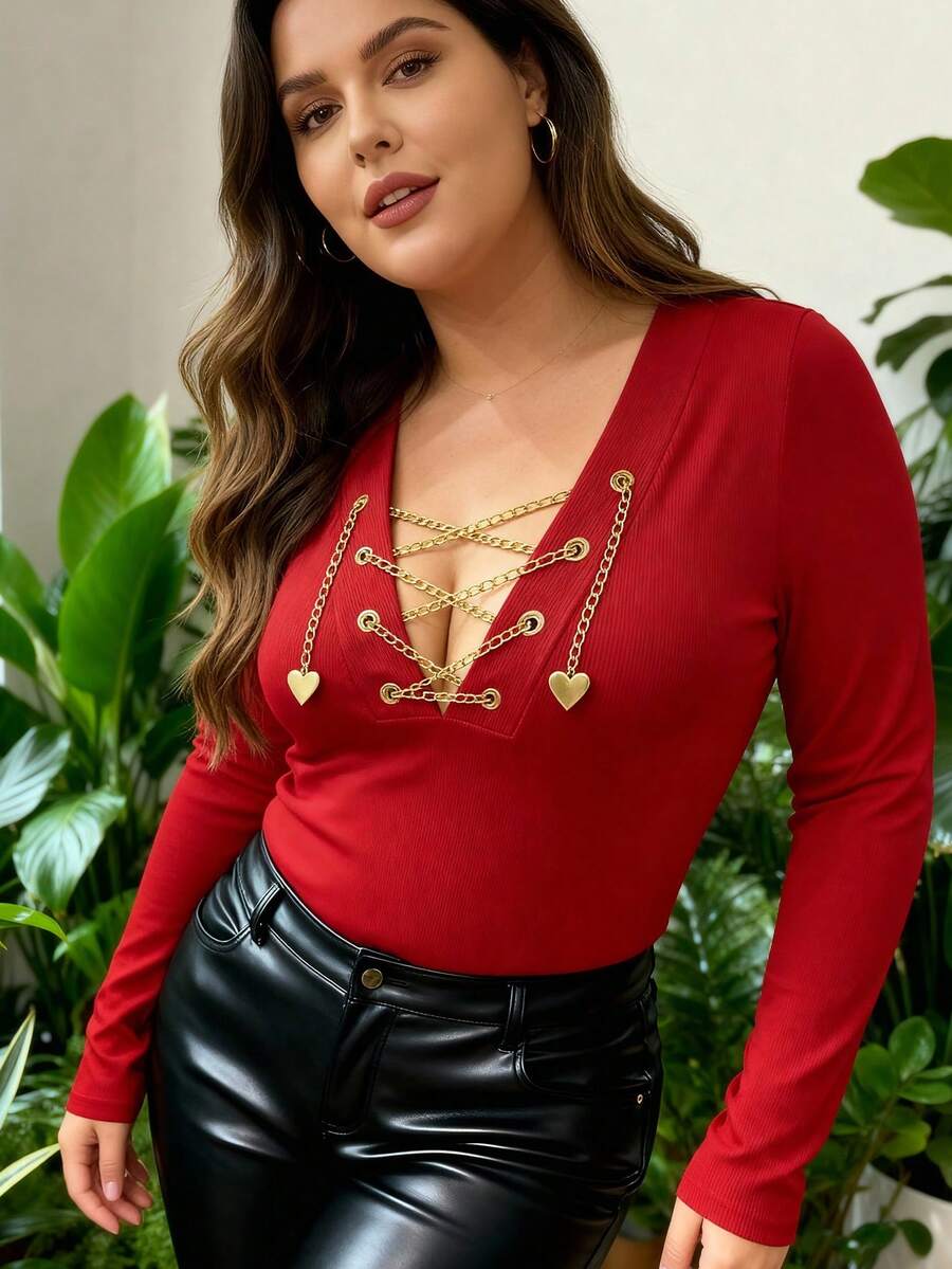 INAWLY Plus Size Fashionable Sexy Chain Criss-Cross Strap T-Shirt Fall - Red - View 1
