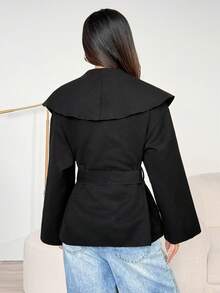 SHEIN PETITE Women Elegant Commuting Black Coat Plain Front Tie Long Sleeve Pocket Simple Casual Jacket In Fall/Winter - Black - View 2