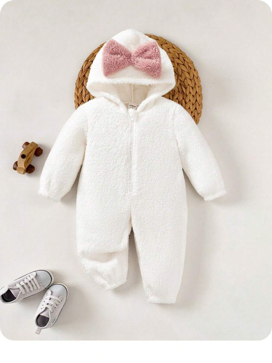 Newborn Baby Girl Soft Fluffy Bow Decor Hooded Jumpsuit, Autumn/Winter Clothes - White - View 1
