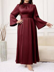 Modelyn Plus Size Elegant Solid Color Bell Sleeve Dress, Suitable For Party/Christmas - Burgundy - View 5