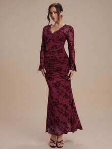 Modelyn Vestido largo de mujer con cuello en V, manga larga, estampado floral y perlas falsas - Burdeos - Ver 5