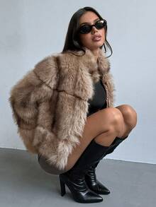 Aloruh Women's Fall/Winter Loose Fit Faux Fur Collar Long Sleeve Jacket, Fashion Winter Coat,Women's Winter Coat ,Women's Winter Jacket,Women's Winter Clothes - Brown - View 4