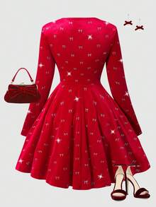 SHEIN Women's Embossed Star Dress, Suitable For Formal Occasions - Red - View 2