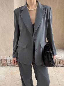 SHEIN Unity 2pcs/Set Women Plain Front Button Long Sleeve Pocket Revere Collar Top & Pants Casual Suit - Grey - View 7