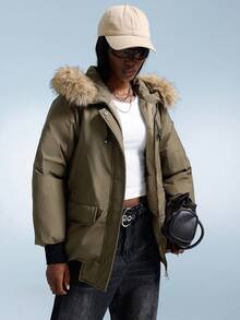 Aveloria GENKIRA Vintage American Style Fur Collar Parka Coat, Thick Cotton Padded Hooded Jacket For Women, Winter - Army Green - View 5