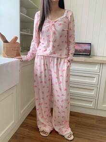 Dazy Plus 2pcs Plus Size Women Elegant Contrast Lace Allover Bow Print Pajama Set, Includes Top And Pants, Winter Clothes