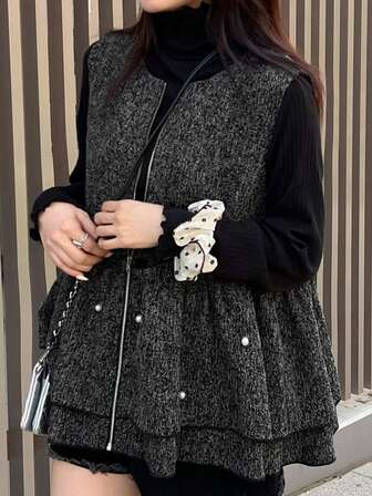 FRIFUL 女士多层荷叶边下摆上衣，珍珠纽扣装饰，宽松无袖叠穿上衣