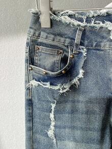 Elamini 女士毛边口袋设计喇叭裤腿休闲牛仔裤 - 藍色 - 查看 3