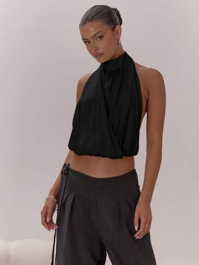 MUSERA Top con cuello alto, detalles de drapeado y espalda descubierta, elegante y sexy para ocasiones nocturnas, vacaciones, fiestas, Día de San Valentín, primavera y verano