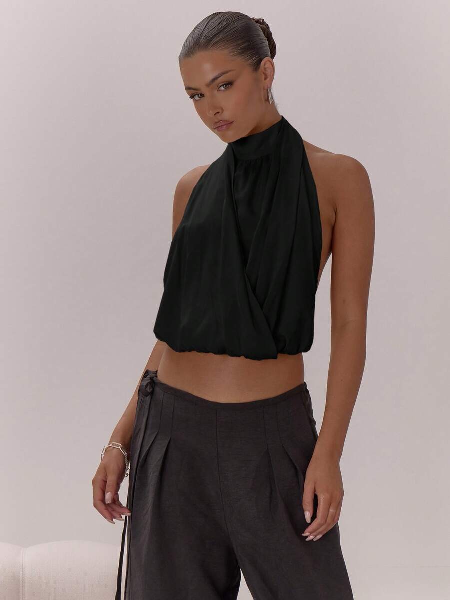 MUSERA Áo kiểu cổ cao, xếp ly, hở lưng, sang trọng, gợi cảm, thích hợp cho buổi tối đi chơi, kỳ nghỉ, tiệc tùng, ngày lễ tình nhân, mùa xuân và mùa hè. - màu đen - Xem 1