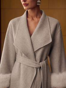 MOTF PREMIUM WOOL BELTED CONTRAST FAUX FUR OVERCOAT - Beige - View 3