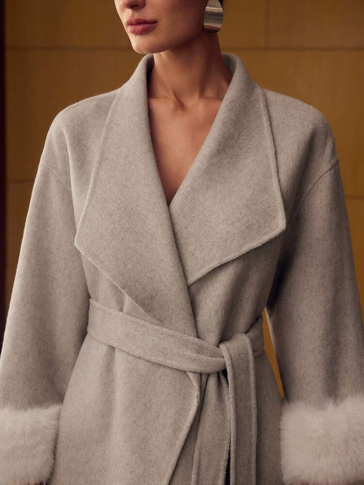WOOL BELTED CONTRAST FAUX FUR OVERCOAT