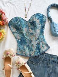 Soleia Vintage-Palast-Stil Damen Große Größen Bunter Blumen-Jacquard-Muster Bandeau Crop Top mit Rückenbindung