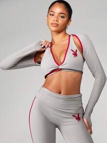 Missguided x Playboy Top corto de manga larga con cuello en V profundo y ribete de contraste, ropa de estar en casa deportiva - Gris - Ver 1