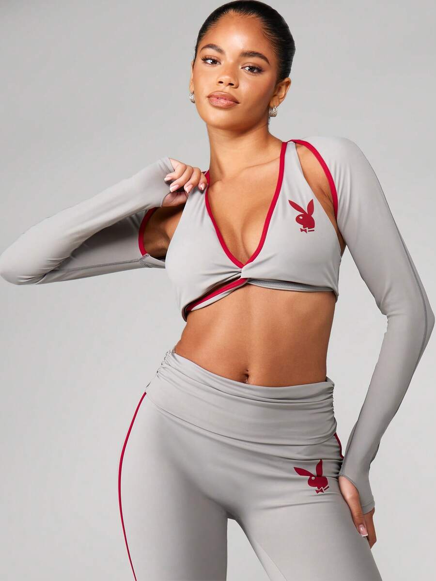 Missguided x Playboy Top corto de manga larga con cuello en V profundo y ribete de contraste, ropa de estar en casa deportiva - Gris - Ver 1