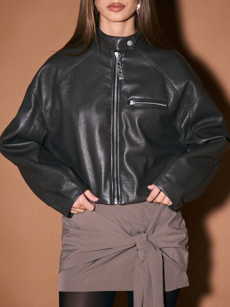 KIZN Cropped Faux Leather Bomber Jacket With Zip Closure And Chest Pocket For Fall Winter Outerwear