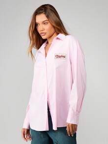 Missguided x Playboy Women's Oversized Button-Down Blouse With Vertical Striped Pattern And Chest Patch Long Sleeve Top - Pink - View 1