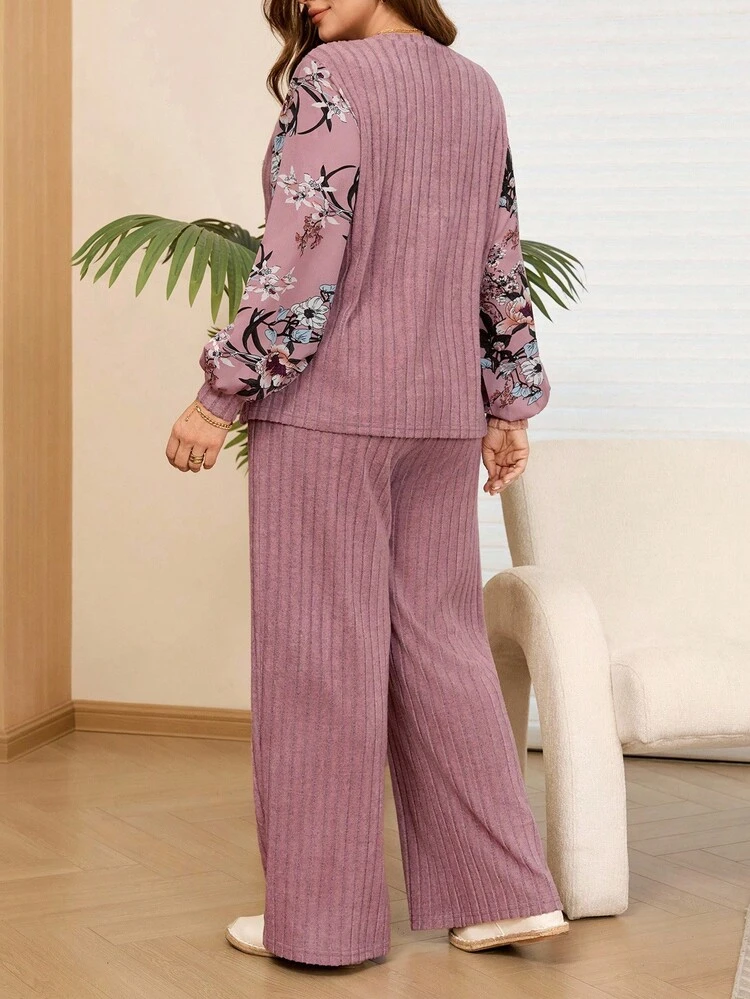 2pcs Plus Size Women Fall Casual Vacation  Floral Print Patchwork Long Sleeve  Pink Top And Pants Set With Pockets,,Going Out Outfits, New Clothes,Simple And Fashionable For Everyday Wear, Plus Size ,  Pink Two Piece Women Sets Pants, 2 Piece Lounge Sets Woman, Two Piece Set Women Comfy,Comfortable And Breathable, Outfit For Women ,New Year Clothes,Flower/Spring/Summer