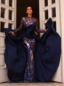 Aureia Elegante y lujoso vestido de satén con cuello alto, manga larga transparente, fruncido delantero, cola de pez, volante oversize, adornado con cuentas y lentejuelas, apropiado para todas las ocasiones formales, bodas, vacaciones, fiestas, madre de la novia/novio