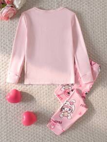 Young Girl' Pink Rabbit Graphic Long Sleeve Top And Leggings Pajama Set - Pink - View 2