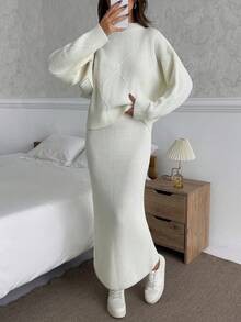 EURMUSE 女士套头毛衣和修身长裙两件套套装 - 白色 - 查看 2