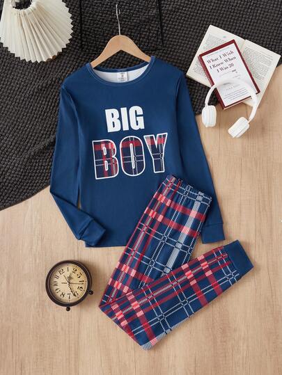 2 件套柔软舒适休闲睡衣套装，适合青少年男孩，可爱字母印花上衣搭配格子印花裤，家居服