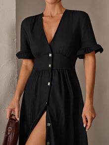 EURMUSE Solid Color Ruffle Trim Dress For Women, Button Front - Black - View 6