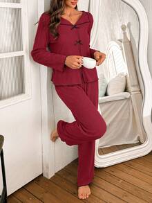 SHEIN Women's Ribbed Brushed V-Neck Bowknot Long Sleeve & Pants Pajama Set, Autumn/Winter Women Pajama Dress Burgundy Pajama Set Button Up Pajama Set Long Sleeve Lounge Set Button Up Pajamas Women Fall Clothes - Burgundy - View 4
