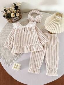 Souflis Souflis Conjunto de 3 peças para bebê menina, elegante, fofo, grosso, macio, de pelúcia, listrado, flanela, com acabamento em renda, gola Peter Pan, manga comprida, blusa, calças, faixa de cabeça com laço, conjunto de 3 peças - Bege - Ver 2