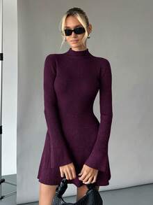Siren Gaze 冬季女高领毛衣裙保暖针织打底裙喇叭袖A字裙修身显瘦毛衣裙长袖连衣裙连衣裙 - 紫色 - 查看 3