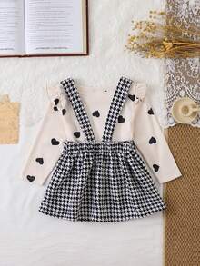 SHEIN Top à manches longues avec motif de cœur en tricot côtelé vintage doux pour bébé fille + Jupe salopette pied-de-poule, convient pour les sorties quotidiennes et les rassemblements familiaux, automne/hiver
