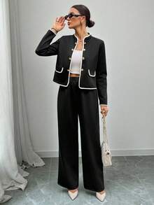 SHEIN Tall 2 件套女士休闲撞色边饰黑色夹克和裤子套装，秋冬套装办公室套装休闲套装 - 黑色 - 查看 5