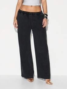 KIZN Pantalones jogger de pierna ancha lavados para mujer, pantalones de chándal casuales con cordón, ajuste relajado, pantalones de estar en casa - Gris - Ver 1