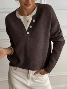 DAZY بلوفر كاجوال بتصميم ألوان متباينة بياقة هنلي، كنزة محبوكة ناعمة 2 في 1 للنساء - بني - مشاهدة 5