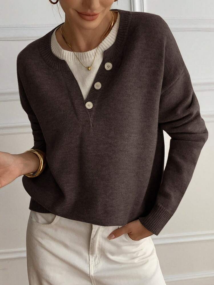 Casual Color Block Henley Neck Pullover, Soft Knit 2 In 1 Sweater For Women