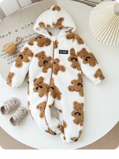 SHEIN Babygirl 可爱毛茸茸卡通图案连帽连体裤，秋冬