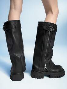 Sugerpunk Giày bốt Punk Rock màu đen dành cho nữ có khóa thắt lưng, kiểu tất ống, đế dày gót nêm, giày bốt Gothic - màu nâu - Xem 5