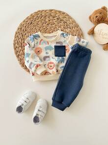 Newborn Baby Boy Cute Cartoon Pattern Long Sleeve Sweatshirt And Pants Set, Autumn/Winter - Multicolor - View 11