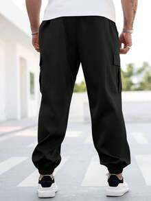 Manfinity Homme 大码男士字母图案抽绳腰锥形工装裤 - 黑色 - 查看 2