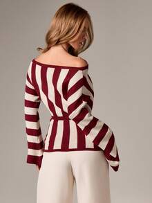 AiiRZ Suéter de tricô com ombros à mostra e detalhe de cinto para looks casuais de outono e inverno