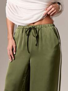 AiiRZ High Waist Satin Wide Leg Palazzo Trousers With Drawstring Waist For Elegant Evening Occasions - Army Green - View 4