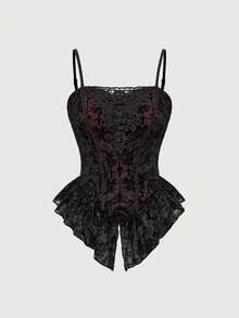 ROMWE Spring/Summer Women's Gothic Romantic Palace Halloween Flocked Contrast Lace Asymmetrical Hem Camisole - Black - View 1