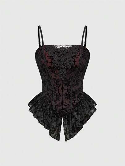 ROMWE Spring/Summer Women's Gothic Romantic Palace Halloween Flocked Contrast Lace Asymmetrical Hem Camisole