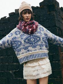 Bohemela Áo khoác ngoài Boho Thu/Đông, Áo len cổ cao dệt kim Fair Isle màu xanh và trắng cổ điển dành cho nữ, Phong cách đồng quê miền Tây, Thích hợp mặc đi nghỉ & mặc hàng ngày & trở lại trường, Halloween, Giáng sinh, Thu dành cho nữ - Xanh và trắng - Xem 2