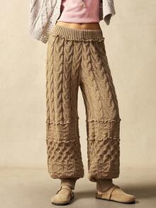 Bohemela 女式冬季粗针织拼布裤 - 卡其色 - 查看 2