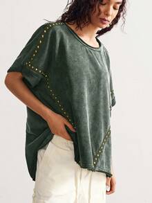 Bohemela 波西米亚乡村度假休闲风格铆钉针织圆领宽松水洗女式 T 恤 - 軍綠色 - 查看 5