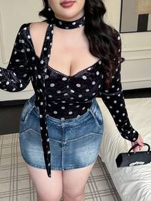 Flirla Women's Plus Size Long Sleeve Velvet Polka Dot Patchwork Lace T-Shirt - Black - View 6