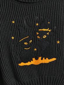 ROMWE Kawaii Women's Dark Cat Embroidery Pullover Sweater - Black - View 3