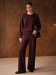 MOTF PREMIUM CHIC 2 PIECES KNIT SET: DROPPED SHOULDER FAUX PEARL EMBELLISHED SWEATER & WIDE LEG KNIT PANTS, AUTUMN/WINTER - Coffee Brown - View 2